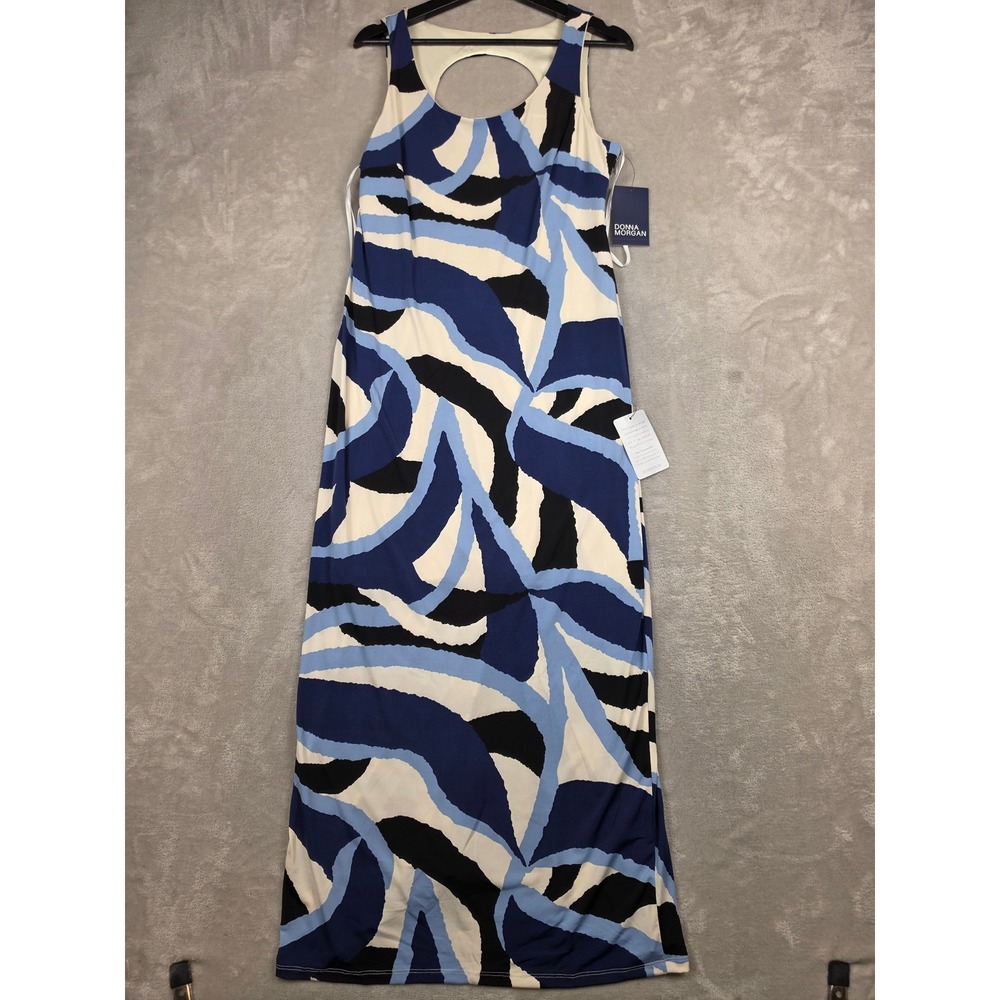 Donna Morgan Maxi Dress Womens 12 Off White Blue Abstract Cut Out Sleeveless